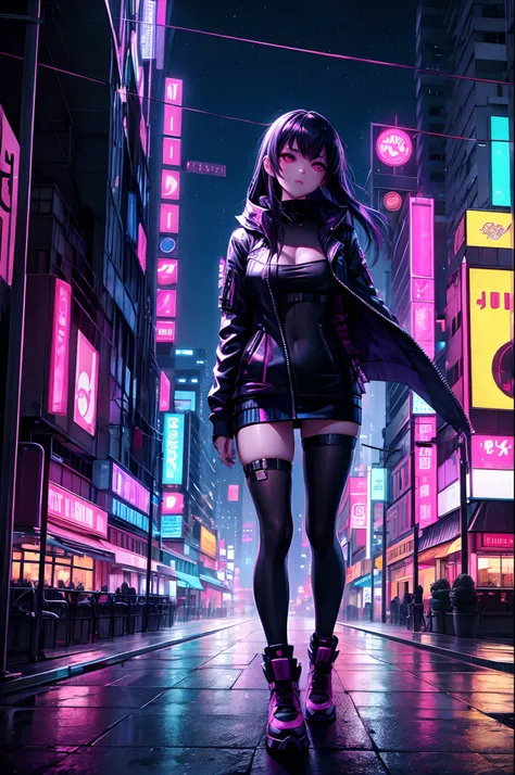 girl, city, night, cyberpunk, aesthetic, indigo, fuschia