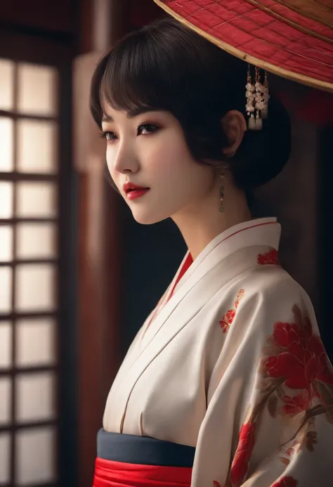 (high quality, masterpiece:1.2), high definition, 1girl, beautiful and flawless face, Bob Cut, Japanese clothing, kimono, complex details, cinematic sensation, 8k, extremely detailed