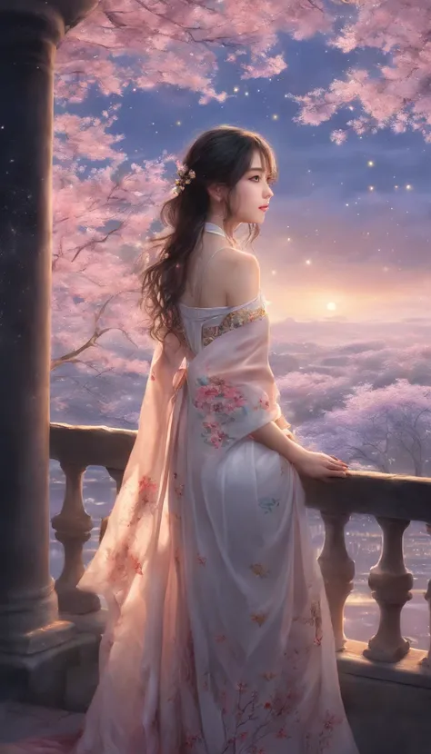 beautiful Korean girl, starry night, rooftop, illustration, ultra-detailed, highres, vivid colors, dreamlike atmosphere, soft pastel tones, studio lighting, long flowing hair, radiant smile, traditional Hanbok dress, leaning against the railing, looking up...