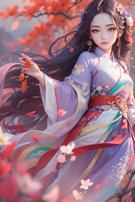 High definition, Master’s work, gentle expression, colourful, 1girl, long red chinese hanfu, detailed face description, iridescent rainbow eyes, detailed eye, exquisite facial feature, long wavy purple hair, Red Hairpin, cheery blossom field