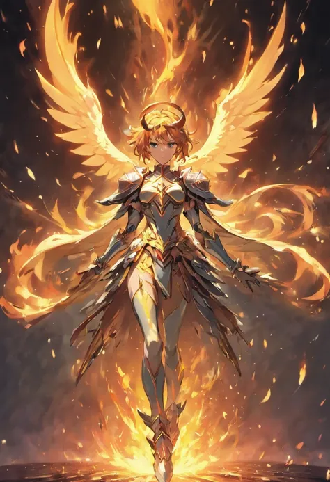 Ikki de Phoenix, 1 hombre, Phoenix Knight , Anime Knights of the Zodiac , Santa del anime Seyia, fantasy image, Phoenix Knight walking engulfed in flames, Phoenix bird behind the knight covering with its wings, Perfect Phoenix Armor