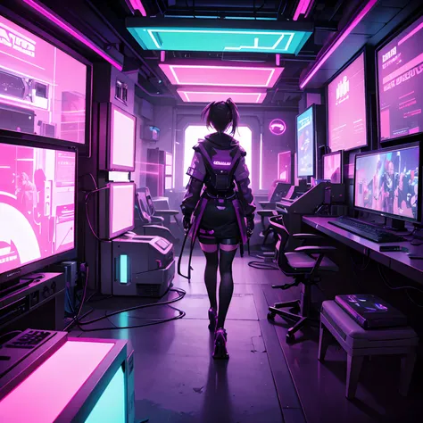 "Vibrant cyberpunk playroom with immersive purple-pink neon lights, Creating a futuristic atmosphere for intense, action-packed gameplay scenes."