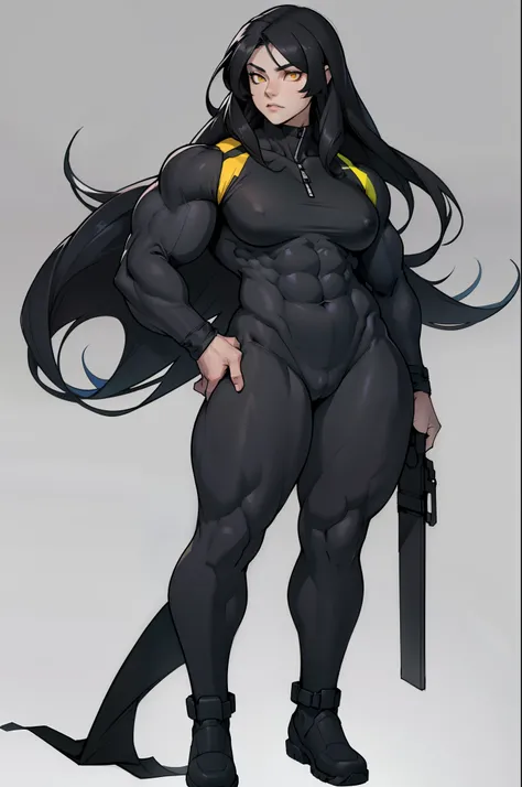 (very long hair), ((grey background)), (((((1 girl))))), black hair, yellow eyes, ((((((muscular)))))), tall, pale skin, (full body), bodysuit, (solo), curvy, wide hips, thick thighs, small breasts