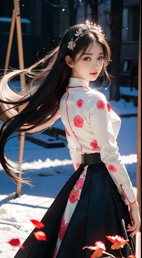 32K（tmasterpiece，K HD，hyper HD，32K）Long flowing black hair，Ponds，zydink， Farbe，  Xuzhou nationality （Seduce a girl）， （Red scarf in the snow）， battle posture， Looking at the ground， Long grey hair， Floating hair， Koi print headdress， Chinese Long Sleeve Sil...