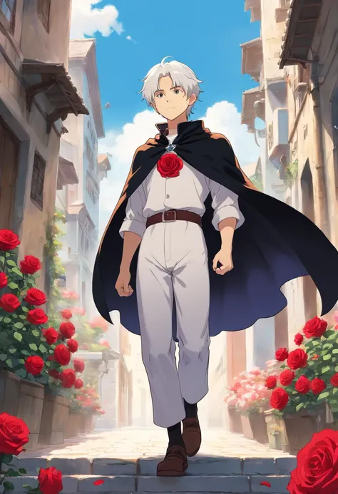 A young teenage man with white hair in a white outfit and a black cape in front of a building in call is in his left hand a rose