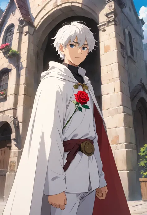 A young teenage man with white hair in a white outfit and a black cape in front of a building in call is in his left hand a rose