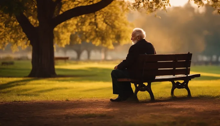 wise old man, sitting on a bench under a tree, several people around him, realistic photography, 8k