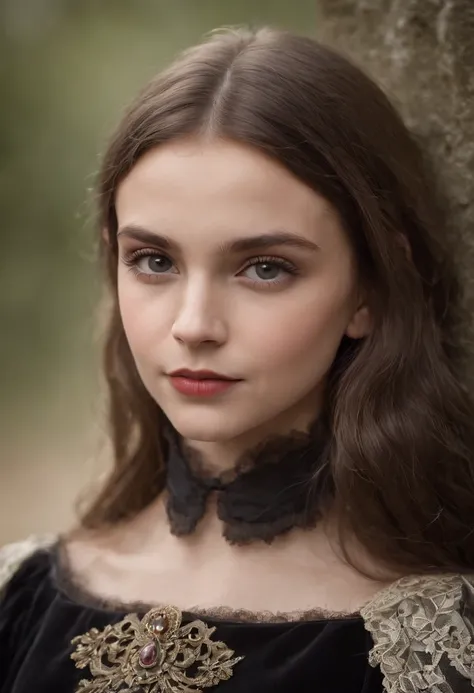 An 11-year-old Western European vampire girl is a child model，Cara puntiaguda inmadura，pecho mediano，Top de encaje escotado extremadamente delgado，The finest details，Texturas detalladas de la piel，Photo shoot for professional fashion magazines ,sonriendo