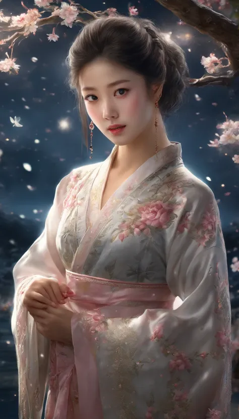 (best quality,4K,high-res,masterpiece:1.2),ultra-detailed,realistic,portrait,painting,a beautiful girl with a flawless face,wearing traditional Hanfu gown,standing gracefully in a moonlit garden,the night sky adorned with countless twinkling stars,exuding ...