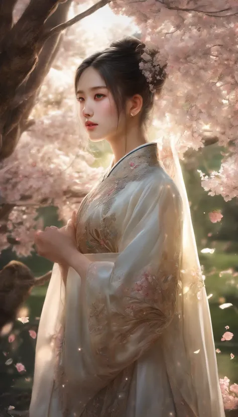 (best quality,4K,high-res,masterpiece:1.2),ultra-detailed,realistic,portrait,painting,a beautiful girl with a flawless face,wearing traditional Hanfu gown,standing gracefully in a moonlit garden,the night sky adorned with countless twinkling stars,exuding ...