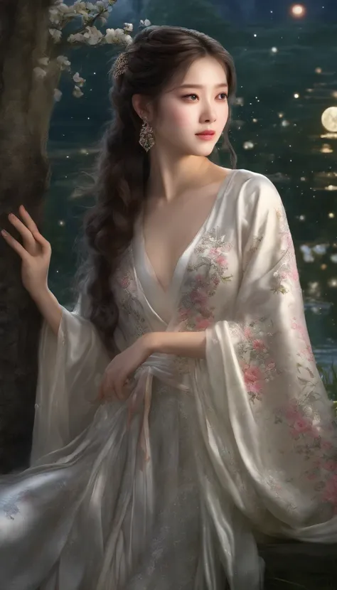 (best quality,4K,high-res,masterpiece:1.2),ultra-detailed,realistic,portrait,painting,a beautiful girl with a flawless face,wearing traditional Hanfu gown,standing gracefully in a moonlit garden,the night sky adorned with countless twinkling stars,exuding ...