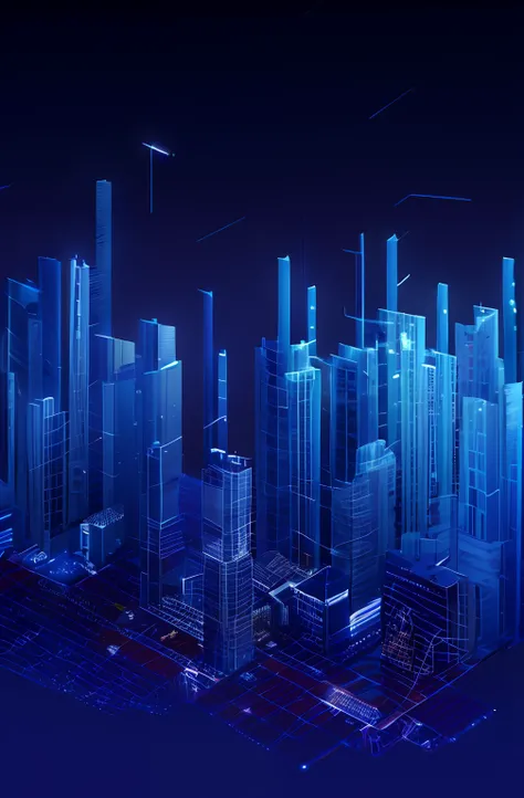 A close-up of a city，There are many high-rise buildings in the background, abstract art representing data, glowing tiny blue lines, data holograms, data visualization, large cyberarrays data holograms, Cyber architecture, interesting background, Digital ar...