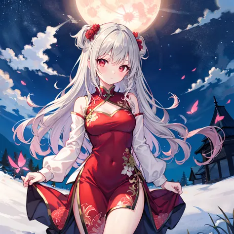 Wavy Gray Hair、red eyes、sparkly eyes、Beautiful girl alone、qipao dress、Beautiful Moon、natta、red blush、outside