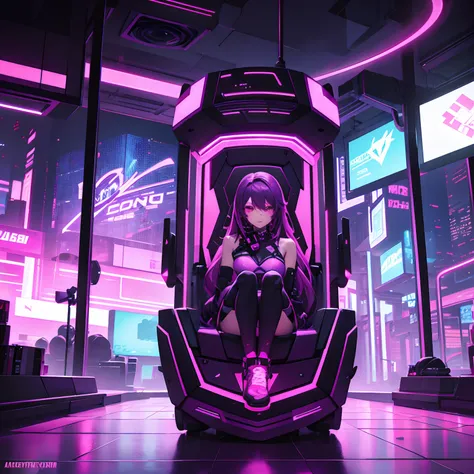 "Vibrant cyberpunk playroom with immersive purple-pink neon lights, Creating a futuristic atmosphere for intense, action-packed gameplay scenes."