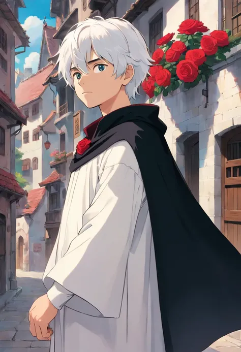 A young white-haired teenager in a white outfit and a black cape and is in his left hand a rose facing a building in call