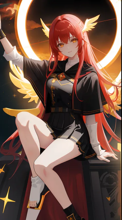 Full Body, red-haired young girl, yellow eyes, angelic body and face, and black high school uniform dress with a mini skirt, holding a shield, wearing a cloak, and golden hairpin, sitting on the throne of guardian, red wings, sun, and, high moon background...