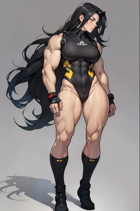 ((very long hair)), ((grey background)), (((((1 girl))))), black hair, yellow eyes, ((((((muscular)))))), tall, pale skin, (full body), bodysuit, (solo), curvy, wide hips, thick thighs, big breasts