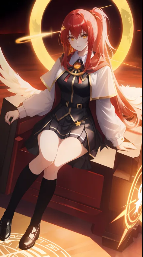 Full Body, scarlet-haired young girl, yellow eyes, angelic body and face, and black high school uniform dress with a mini skirt, holding a shield, wearing a cloak, and golden hairpin, sitting on the throne of guardian, red wings, sun, and, high moon backgr...