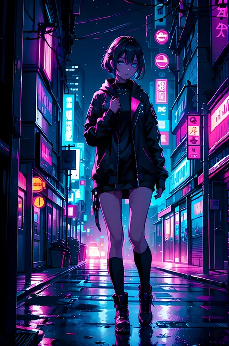 girl, city, night, cyberpunk, aesthetic, indigo, fuschia