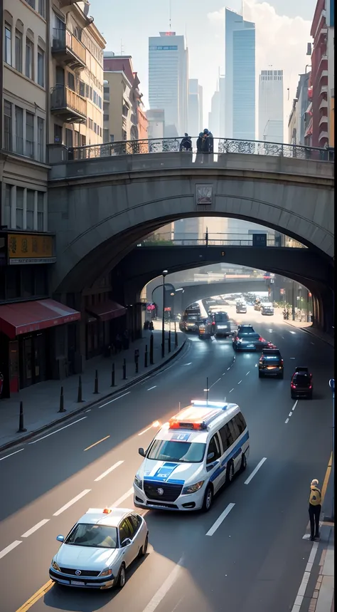 Masterpiece,A high resolution, A police car is parked on the city street，The flow of people around。