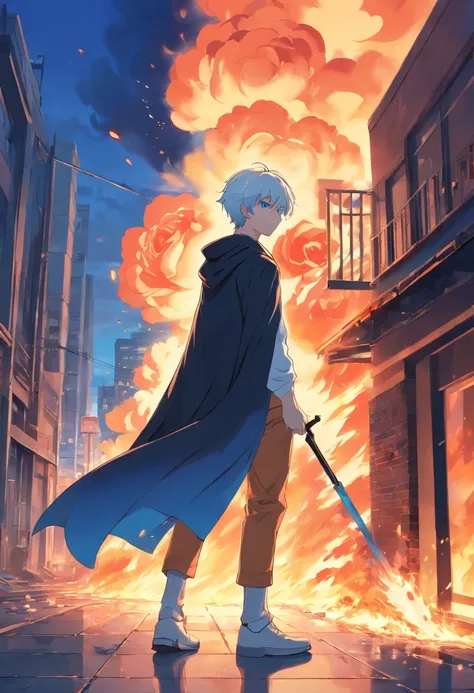 A building on fire in front of a young teenage boy with white hair and blue eyes in a white outfit is a black cape holding a rose