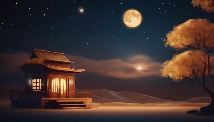 mooncakes, Bright house scene, Full moon and stars in sky illustration