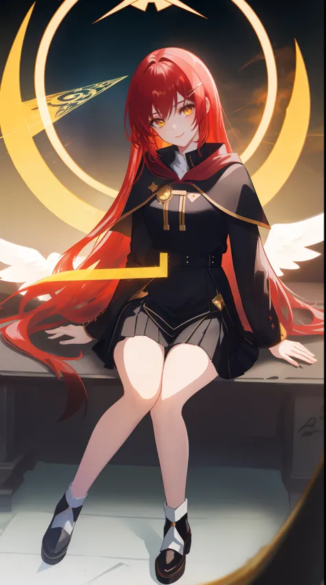 Full Body, crimson-haired young girl, yellow eyes, angelic body and face, and black high school uniform dress with a mini skirt, holding a shield, wearing a cloak, and golden hairpin, sitting on the throne of guardian, red wings, sun, and, high moon backgr...