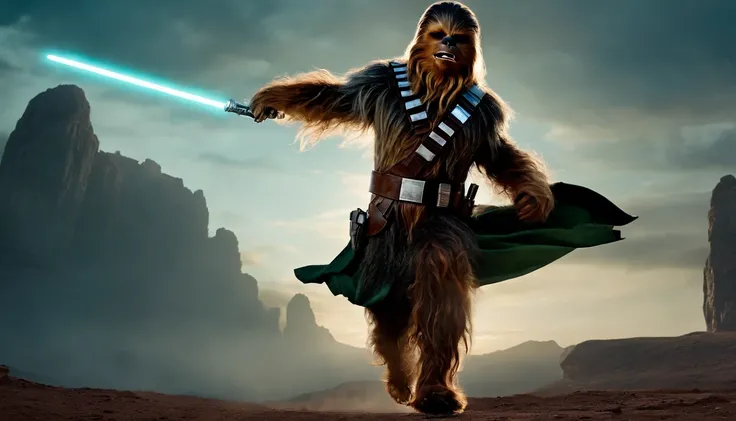 chewbacca as a spartan warrior, jumping in the air, a neon blue light sabers in hand, the sky is a pale hunter green, dying spartans on the ground , bloody armor, epic, 8k