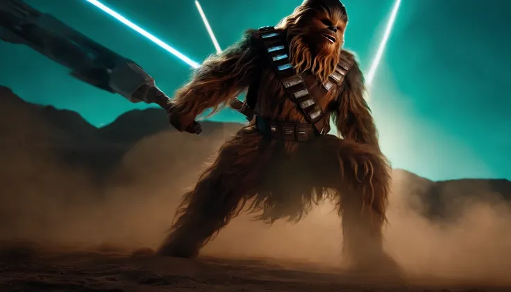 chewbacca as a spartan warrior, jumping in the air, a neon blue light sabers in hand, the sky is a pale hunter green, dying spartans on the ground , bloody armor, epic, 8k