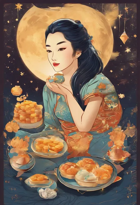 Full moon and stars in sky illustrationThe family sits together eating mooncakes, Have in the living room、Bright house scene，extremely detailed face and skin，Heartwarming scene，perfect  detail