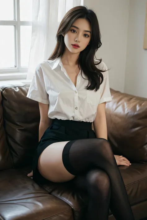 1girll,Sit on a comfortable sofa,Cross ed leg,Soft light，Black stockings，Wear a shirt