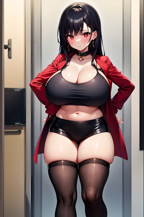 1girl, absurdres, high res, ultrasharp, 8K, masterpiece, looking at viewer, human, thighs, breasts, huge breasts, cleavage, underboob, long hair, black hair, red eyes, earrings, collar, crop top, open jacket, skirt, naval, blush, transparent