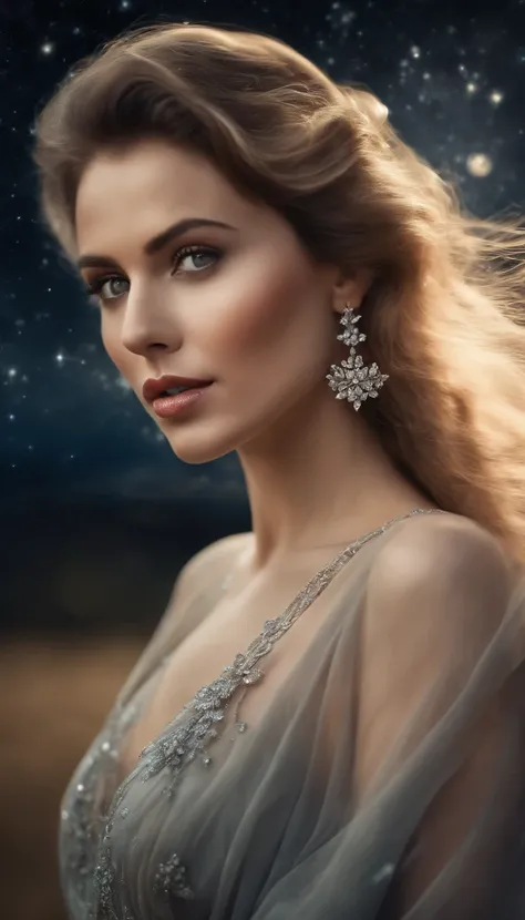 (Best quality,Ultra-detailed,Realistic:1.37),Image of a woman in a flowing chiffon dress,Beautiful and delicate face and lips,Elaborate Eyes,Long eyelashes,Peaceful night sky，The stars twinkle,Ethereal atmosphere