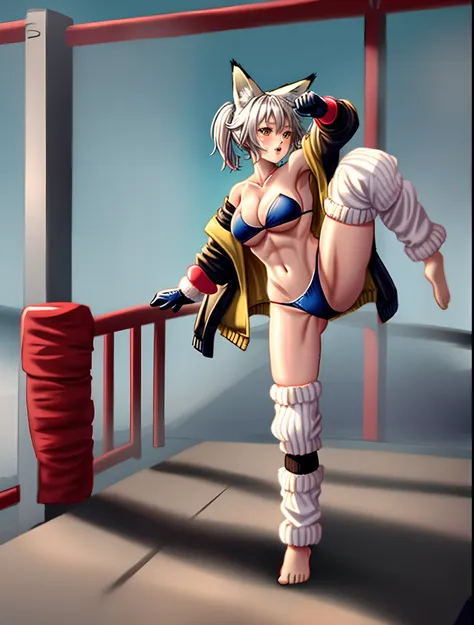 ((fox girl)), ((full body)), ((Standing pose)), ((((very baggy and long leg warmers)))), ((knee pads)), ((bare feet)), ((strapless bikini top)), ((thong)), ((open jacket)), ((martial fighting gloves)), ((fully detailed))