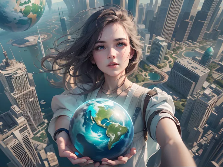 1 20 yo girl, Holding the blue planet in hand, Being in the air, Birds eye view, sci fi city, There is glare,