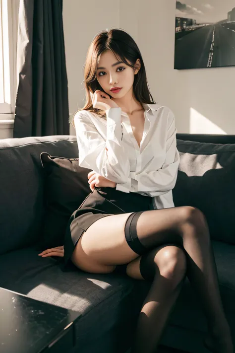 1girll,Sit on a comfortable sofa,Cross ed leg,Soft light，Black stockings，Wear a shirt，Professional Dress