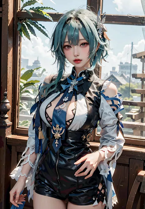 1girll,Realistis,独奏,(tmasterpiece:1.2),best qualtiy,Yura,Genshin,Breasts,Large breasts are exposed