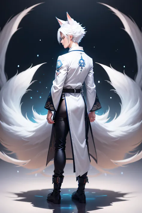 Young handsome anime boy, white hair, kitsune boy, fox ears on his head, blue eyes, white fur, nine tails behind the lower back, full body drawing, high quality, 8k resolution,
front view