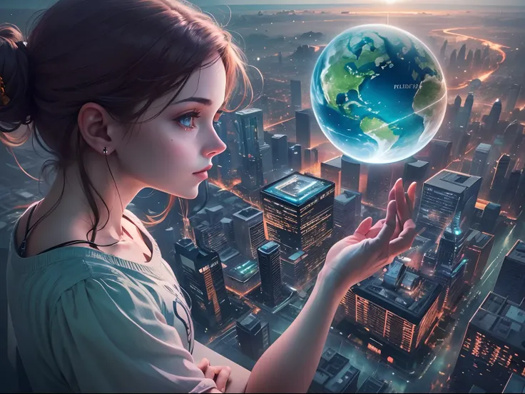 1 20 yo girl, Holding the blue planet in hand, Being in the air, Birds eye view, sci fi city, There is glare,