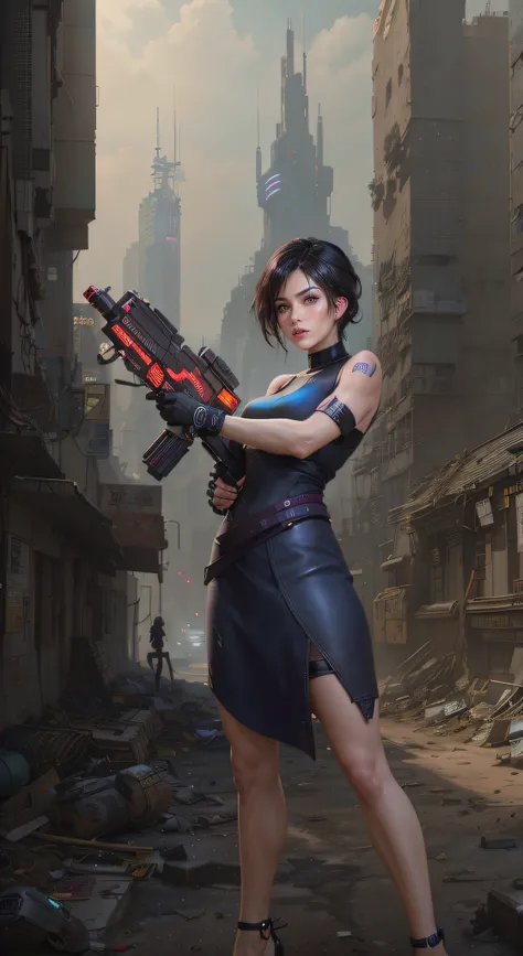 there is a woman with a gun in a city, Stylized urban fantasy artwork, glamorous jill valentine, Kushatt Krenz Key Art Women, jet black haired cyberpunk girl, cyberpunk angry gorgeous goddess, cyberpunk judy alvarez, Cyberpunk 2 0 y. o model girl, Digital ...