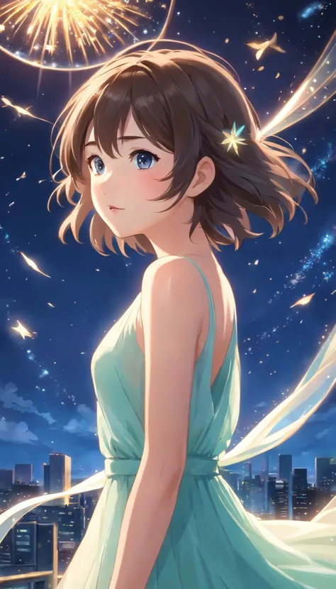 (Best quality,Ultra-detailed,Realistic:1.37),Image of a woman in a flowing chiffon dress,Beautiful and delicate face and lips,Elaborate Eyes,Long eyelashes,Peaceful night sky，The stars twinkle,Ethereal atmosphere