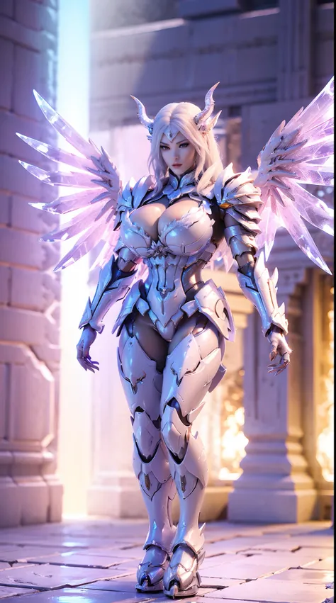 ICE DRAGON WOMAN, (DRAGON HEAD), HUGE BOOBS, ICE MECHA ARMOR FULL SUIT, (CLEAVAGE), ((A PAIR LARGEST ICE DRAGON WINGS)), TRANSPARANT ARMOR, TALL LEGS, (STANDING), SEXY BODY, MUSCLE ABS.