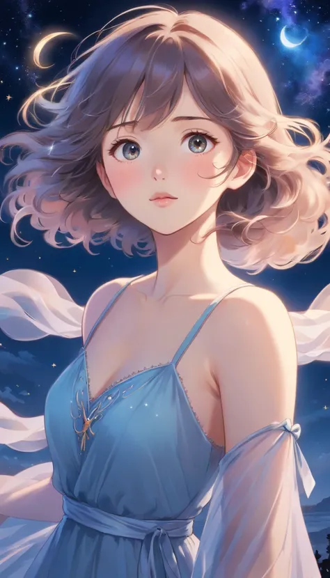 (Best quality,Ultra-detailed,Realistic:1.37),Image of a woman in a flowing chiffon dress,Beautiful and delicate face and lips,Elaborate Eyes,Long eyelashes,Peaceful night sky，The stars twinkle,Ethereal atmosphere