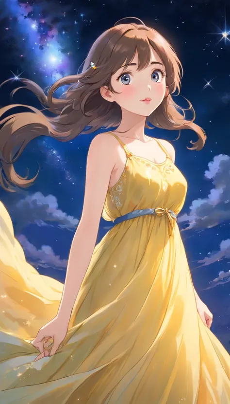 (Best quality,Ultra-detailed,Realistic:1.37),Image of a woman in a flowing chiffon dress,Beautiful and delicate face and lips,Elaborate Eyes,Long eyelashes,Peaceful night sky，The stars twinkle,Ethereal atmosphere