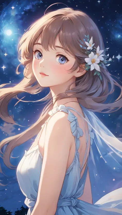 (Best quality,Ultra-detailed,Realistic:1.37),Image of a woman in a flowing chiffon dress,Beautiful and delicate face and lips,Elaborate Eyes,Long eyelashes,Peaceful night sky，The stars twinkle,Ethereal atmosphere