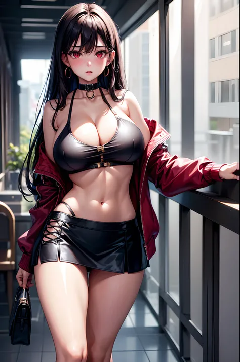 1girl, absurdres, high res, ultrasharp, 8K, masterpiece, looking at viewer, human, thighs, breasts, huge breasts, cleavage, underboob, long hair, black hair, red eyes, earrings, collar, crop top, open jacket, skirt, naval, blush, transparent