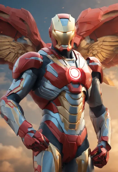 (best quality,4k,8k,highres,masterpiece:1.2),ultra-detailed,(realistic,photorealistic,photo-realistic:1.37),Ultraman wearing an Iron Man Mark 42 suit with wings and multiple guns, viewed from a third person perspective.