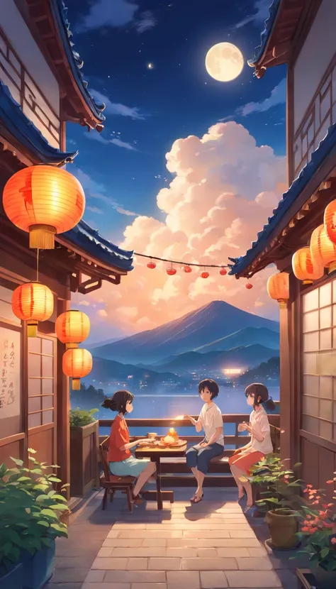 Mid-Autumn Festival, Auspicious clouds, Behind the huge moon, Warm colors, Full moon and stars in sky illustrationThe family sits together eating mooncakes, smile in face,  Have in the living room、Bright house scene，extremely detailed face and skin，Heartwa...