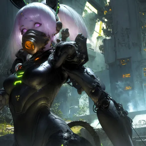 (Solo:1.4)scenecy，((best qualityer)),Cyborg girl in cyborg style，whaite hair，Long ponytail hairstyle，Wear headphones in the shape of rabbit ears and a gas mask，The gas mask has a green light on the surface，Dressed in a white suit，The clothes have long pink...