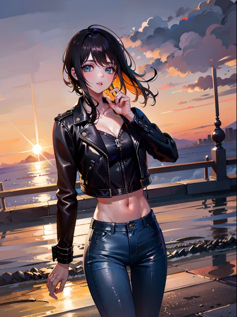 masterpiece, best quality, 8k ,1girl, short two-tone hair, green eyes, leather jacket, jeans, beautiful detailed light, beautiful detailed shadow, ((beautiful detailed cloud)), road, skyscraper, dynamic angle, sunset